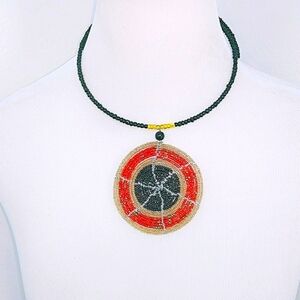 Handmade beaded pendant necklace Red Black